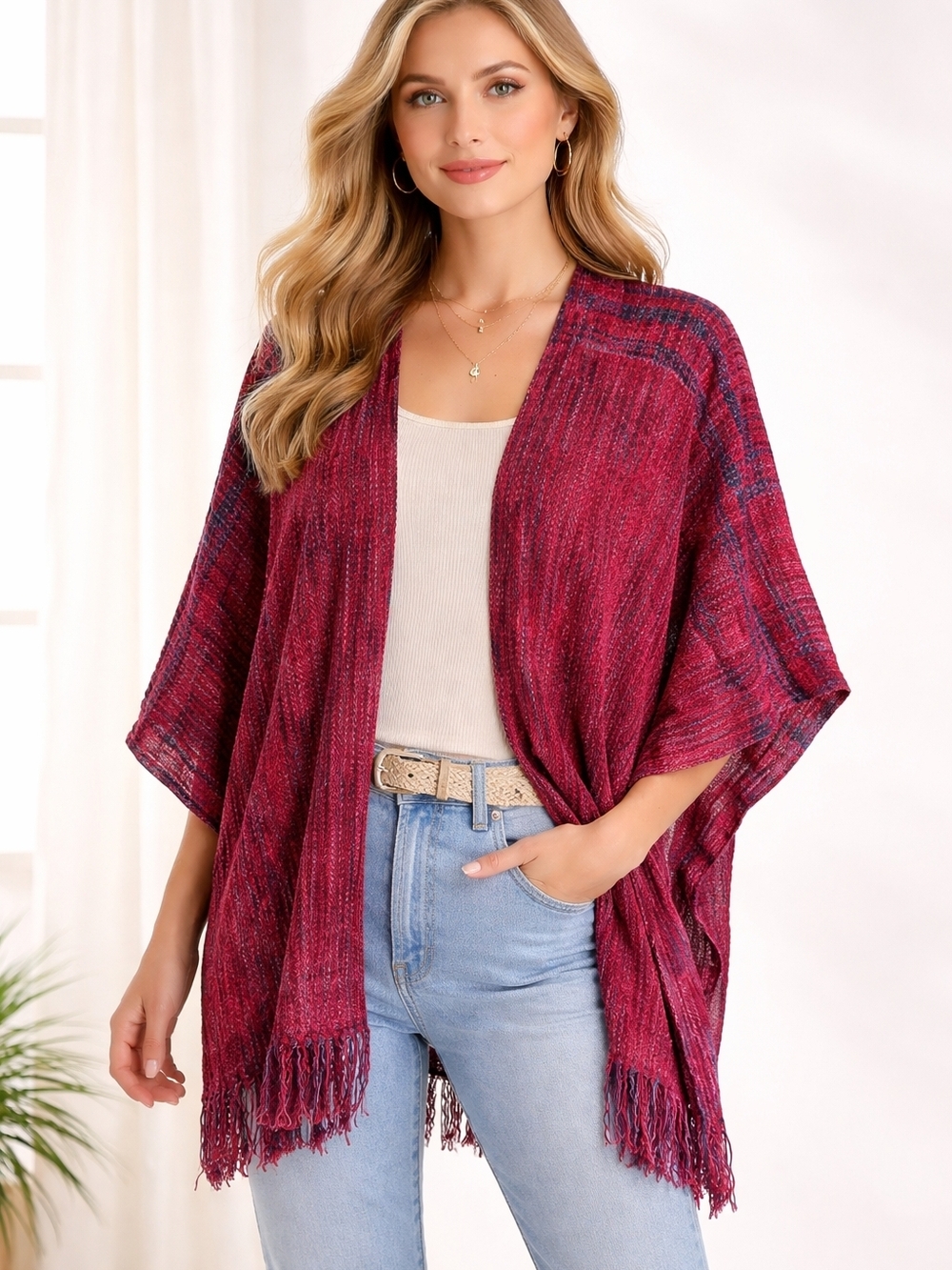 Vintage Pat Davis Shawl Wrap Fringe Boho Open Front Poncho Heavy Material
